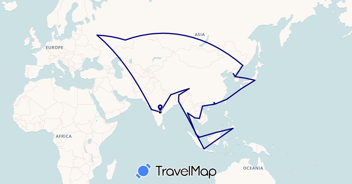 TravelMap itinerary: driving in Bangladesh, Brunei, Bhutan, China, Indonesia, India, Japan, Cambodia, North Korea, South Korea, Myanmar (Burma), Malaysia, Nepal, Philippines, Russia, Singapore, Thailand, Taiwan, Vietnam (Asia, Europe)